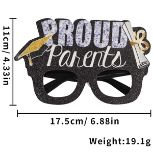 Detailed dimensions of PROUD Parents graduation eyewear with black glitter and gold cap