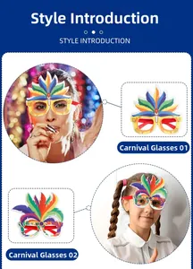 Detail view of colorful Brazilian Carnival party glasses with feathers and crown designs