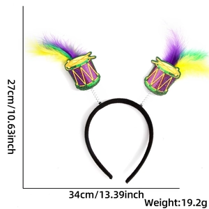 Diadema de carnaval con plumas y medidas detalladas de 27 cm de alto por 34 cm de ancho