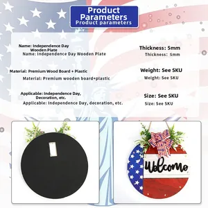 Targa di benvenuto da 5mm in legno per l'Independence Day con bandiera USA e fiocco decorativo