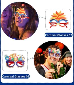 Detail showing two styles of carnival glasses with colorful feathers and party elements