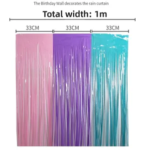 Detail of 1m wide pink purple and blue foil fringe curtain for party wall decoration