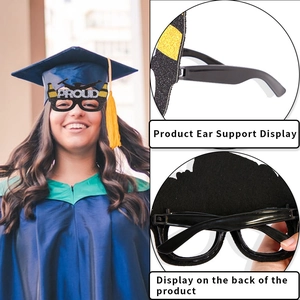 Black and gold graduation party glasses with glitter PROUD text and mortarboard design