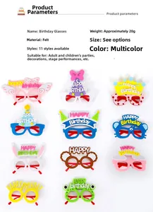Detail list of 11 felt birthday party glasses featuring animals and Happy Birthday text