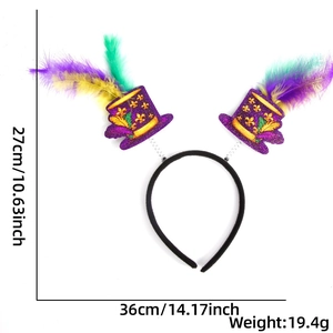 Dimensiones detalladas de la diadema de Carnaval con sombreros morados y plumas