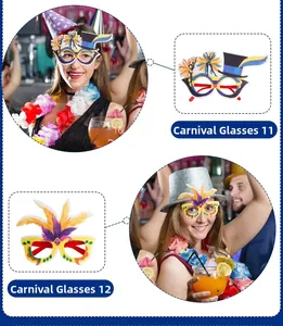 Detail showing Brazilian Carnival glasses with colorful feathers and festive top hat patterns