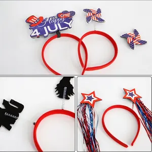 Detail of Fourth of July headbands with patriotic stars and tinsel tassels on white background
