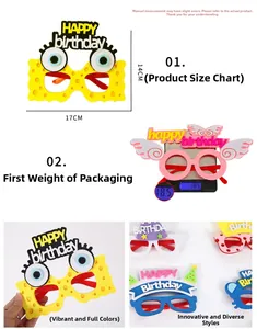 Detailed view of polyester felt party glasses with Happy Birthday lettering and wings