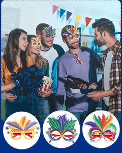 Detail of colorful feather-shaped party glasses for Brazilian Carnival and masquerades