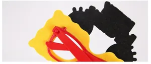 Close-up detail of the durable red plastic clip and yellow felt layer on the cartoon eyewear