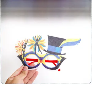 Detail of Brazilian carnival glasses with colorful dancers and blue feather top hat