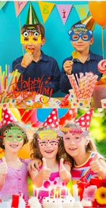 Detailed view of children's Happy Birthday party glasses featuring colorful cartoon animals