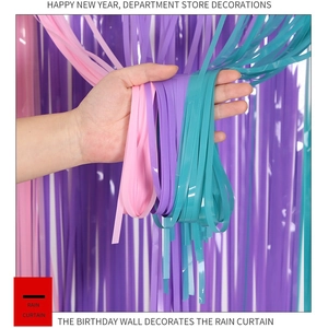 Detail shot of macaron pink purple and blue foil fringe curtains for party backgrounds