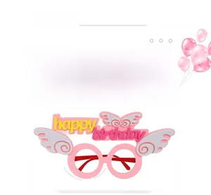 Pink Happy Birthday party glasses with white angel wings for children's celebration