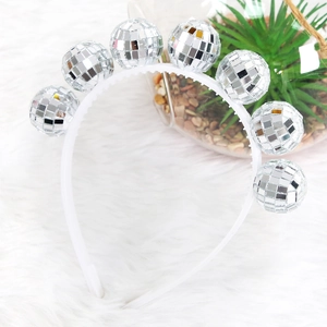 White party headband with seven silver disco mirror balls for themed festivals and discos