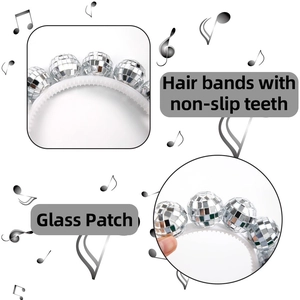 Disco ball headband with non-slip teeth and mirrored glass patches for party hair styling