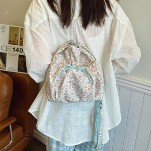 Women's 2025 summer floral drawstring backpack with blue plaid bow and pink button detail