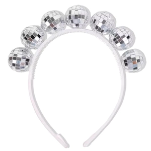 Disco ball headband with seven silver mirror spheres for party and festival decoration