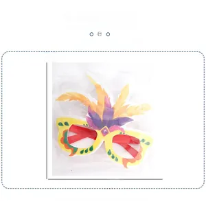 Packaging view of carnival party glasses with colorful feather design and size details