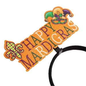 Serre-tête pailleté Happy Mardi Gras avec masques de carnaval colorés et motifs de lys