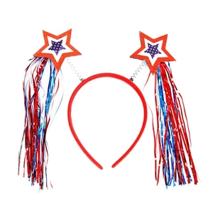 USA Independence Day headband with glitter star springs and red white blue tinsel tassels