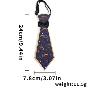 Detail view of navy blue graduation tie with gold mortarboard patterns and size measurements