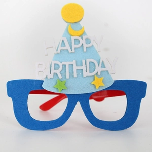 Detail of Happy Birthday party glasses featuring blue felt hat and colorful felt stars