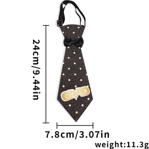 Detailed size chart for black sequin pet graduation tie with gold GRAD lettering