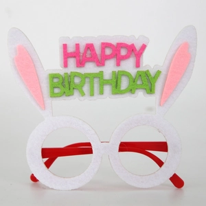 Detail of Happy Birthday party glasses featuring pink bunny ears and colorful felt letters