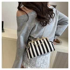 Détail du sac vintage à rayures avec fermoir doré et élégante bandoulière en chaîne