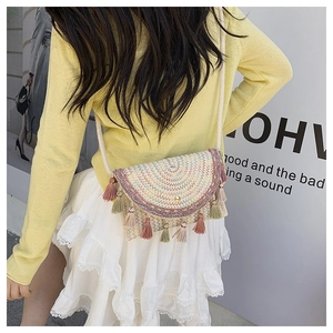 Detail of woven saddle bag with multi-colored fringe tassels and magnetic gold buckle