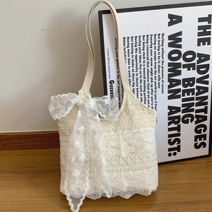 French Style Lace Flower Tote Bag For Women Cream White Hollow Out Embroidery Large Shoulder Bag With Bow Sweet Chic Fashion Handbag