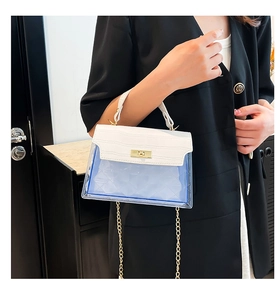 Detail of transparent PVC bag with white croc-pattern flap and gold chain strap