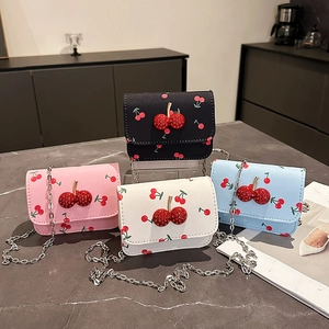 Sweet Women Mini Cherry Print Chain Crossbody Bag Fashion PU Leather Small Square Flap Purse With Rhinestone Cherry Decor