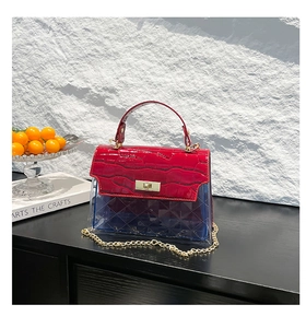Detail of red croc-pattern leather, transparent blue PVC body, and gold chain strap