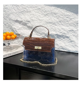 Detail of blue PVC quilted bag with crocodile texture flap and gold metal twist lock