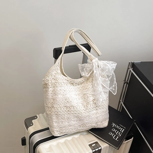 Women Cream White Lace Crochet Shoulder Bag Elegant Hollow Floral Pattern Canvas Tote Underarm Bag For Summer Daily Vacation
