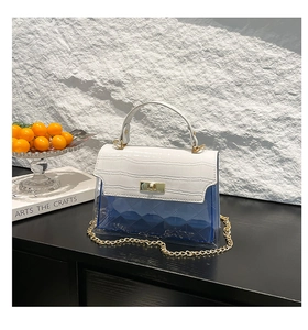 Detail of blue transparent PVC bag with white croc-embossed trim and gold chain strap