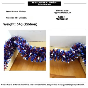 Detail of 2m red and blue patriotic tinsel garland with silver stars for festive decor