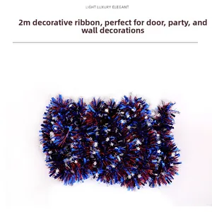 Close-up of 2m red blue and silver tinsel garland with metallic stars for party decor