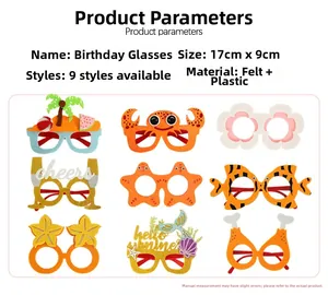 Detail showing 9 creative party glasses with felt crab, palm tree and mermaid designs