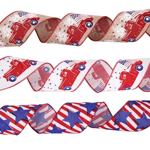 Independence Day ribbons with red truck, stars and stripes pattern for festive decor