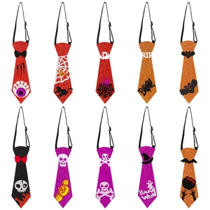 Set of 10 Halloween glitter ties with adjustable straps featuring bat and pumpkin motifs