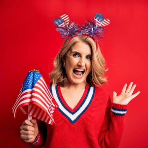 Detail of USA Independence Day headband with glitter stars and patriotic tinsel fringe