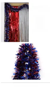 Detail of Independence Day tinsel garland with metallic red, blue and silver star fringe