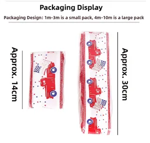 Detail view of American flag and red truck printed faux burlap ribbons in two roll sizes