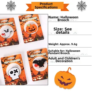 Detail of Halloween LED pins set showing ghost, pumpkin, bat, and skull icons with packaging