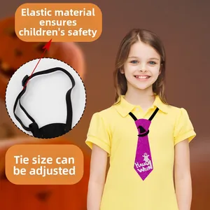 Detail of purple sequin Halloween tie with adjustable elastic band and ghost pattern