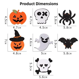 Detailed size chart for Halloween LED brooches featuring pumpkin and ghost dimensions