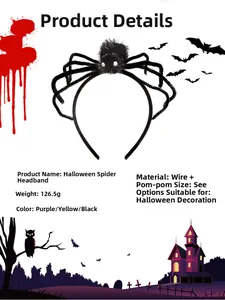Detail view of plush black spider headband with wire legs and material specifications